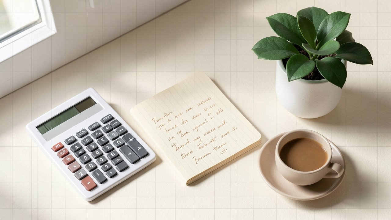 A clean, minimal workspace with a notepad, calculator, and a small potted plant, set against a warm beige background with a subtle grid pattern.