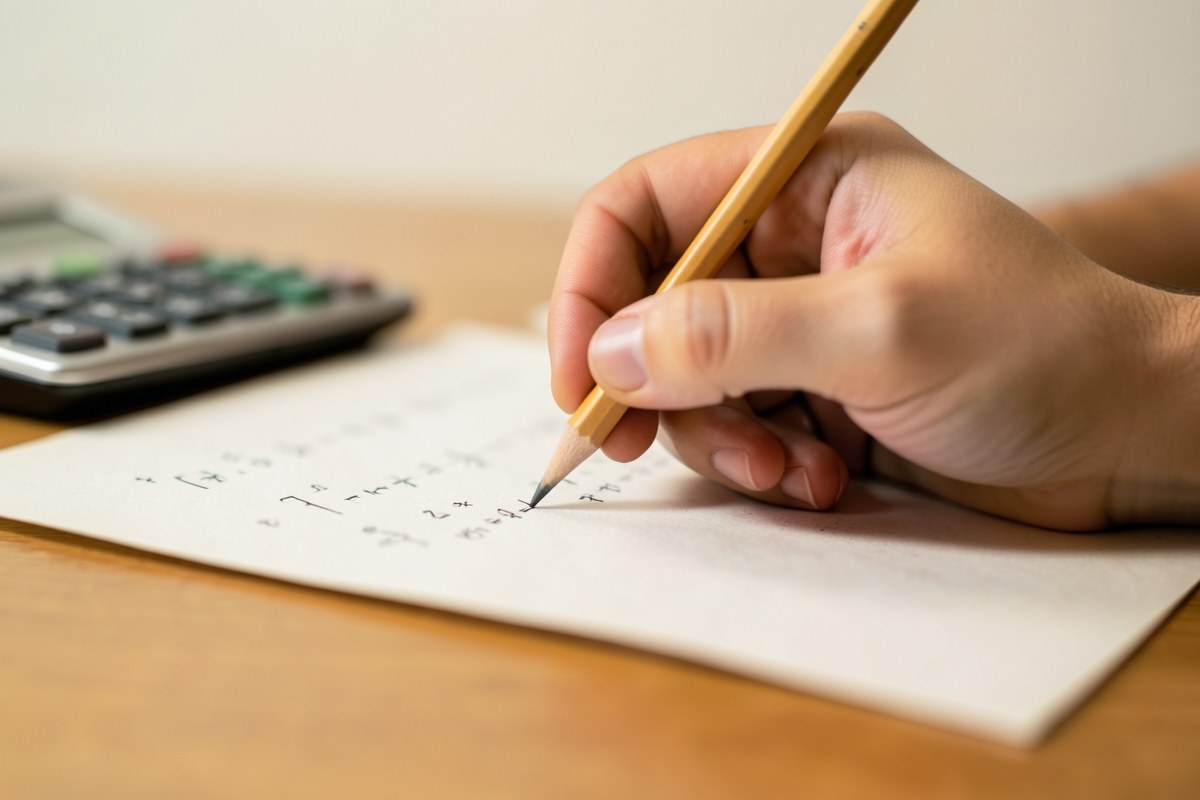A close-up of a hand writing mathematical equations on a piece of paper with a pencil, next to a calculator.