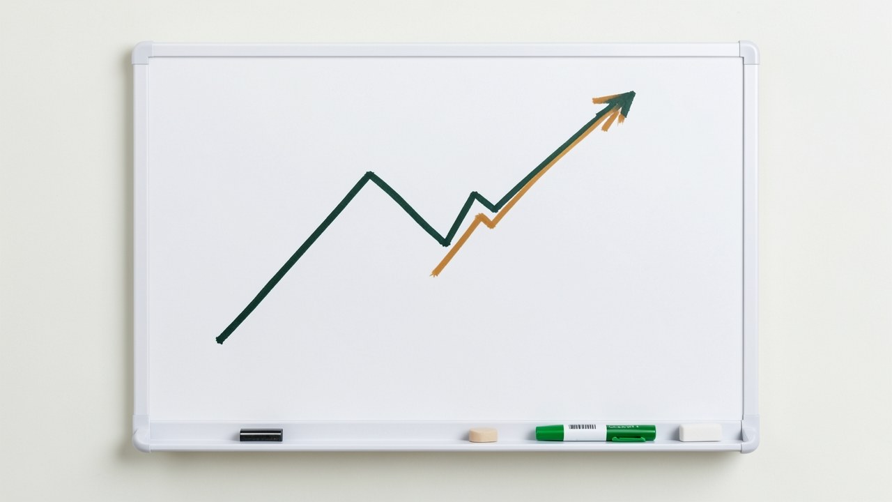 An upward graph drawn on a whiteboard, with a green marker and eraser nearby.