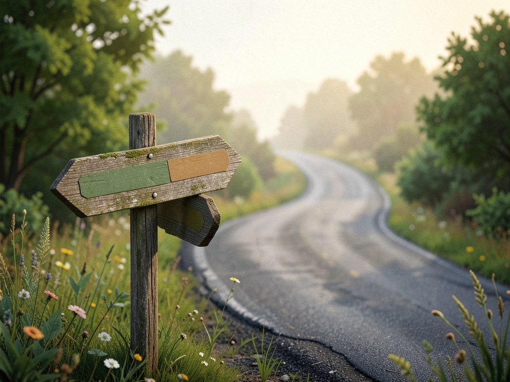 A long road stretching into the distance with a signpost showing different directions, one tagged with a green marker.