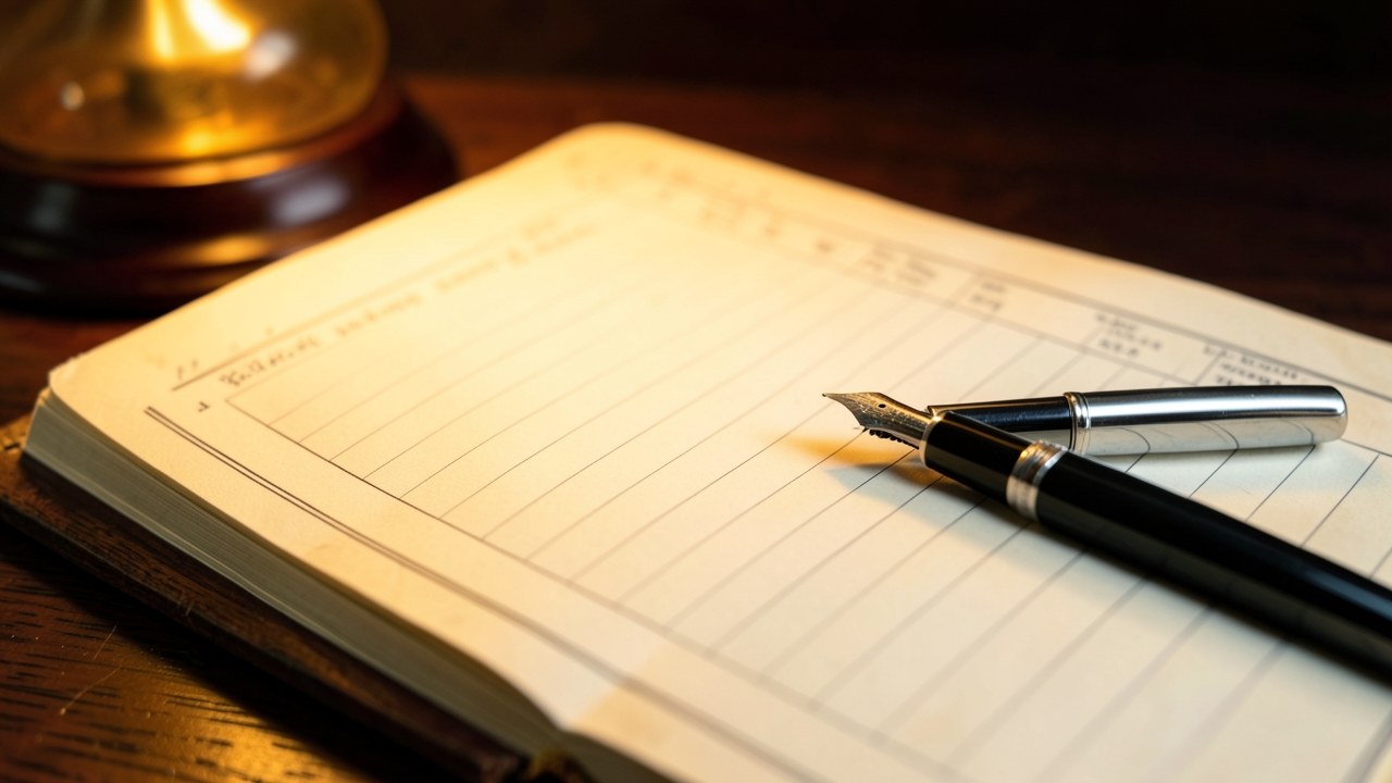 An open ledger book with structured columns and rows, but the entries are blurred, a pen rests on the book.