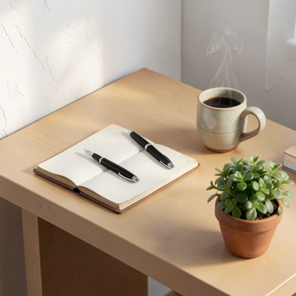 A neatly arranged desk with a notebook, pen, a mug, and a small green plant, symbolizing our mission of clear information.