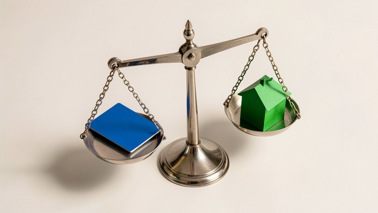 A balanced scale with two sides, one representing a credit card (blue) and the other a home (green), on a table.