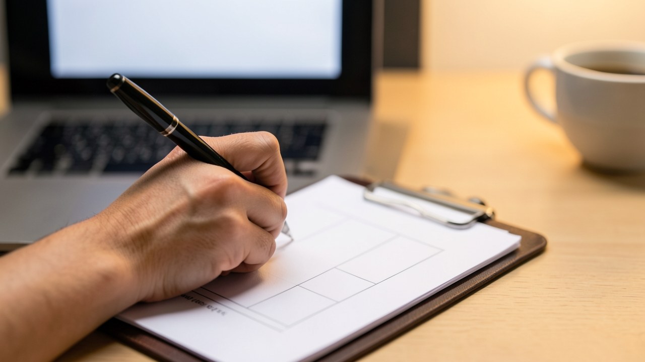 A hand holding a pen fills out an application form on a clipboard, with a laptop nearby.