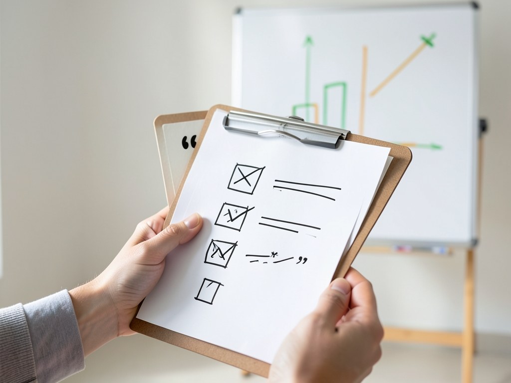 A person filling out a checklist on a clipboard, with a bar chart in the background indicating criteria.