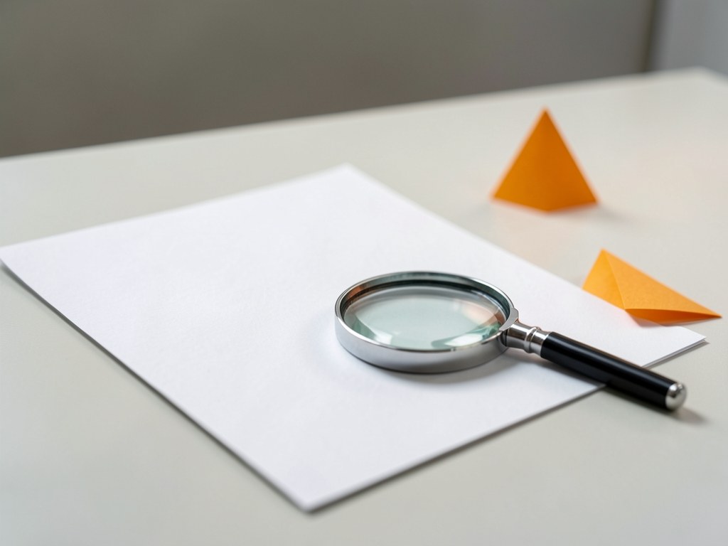 A document with a magnifying glass and a small warning triangle on a desk, representing important legal note.